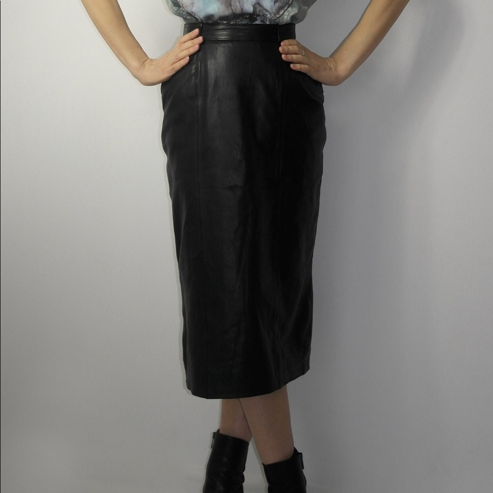 80s Vintage Midi High Waist Black Leather Pencil Skirt Minimalist Marant MEDIUM